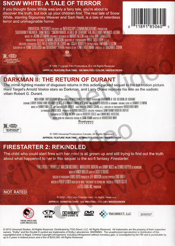 Snow White: A Tale of Terror/Darkman II:The Return of Durant/Firestarter 2:Rekindled(Triple Feature) DVD Movie