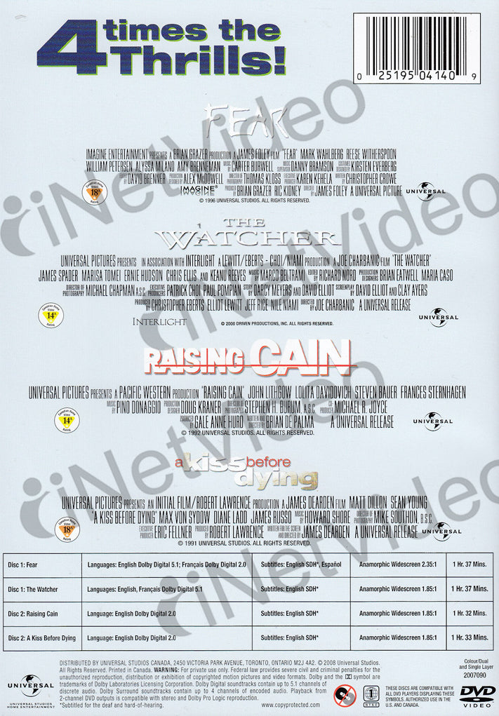 Fear - the Watcher - Raising Cain - a Kiss Before Dying · Quadruple Feature  Thriller Pack (DVD) [Widescreen edition] (2008)