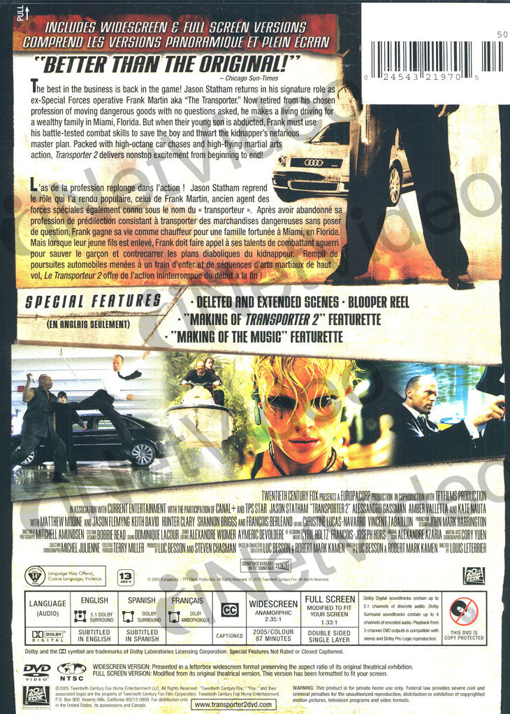 Transporter 2 (Widescreen/Fullscreen) (Bilingual) on DVD Movie